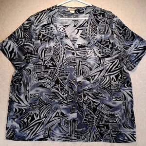 Carroll Reed  Women's Blue & Black Short Sleeve V-Neck Button Down Blouse Size X